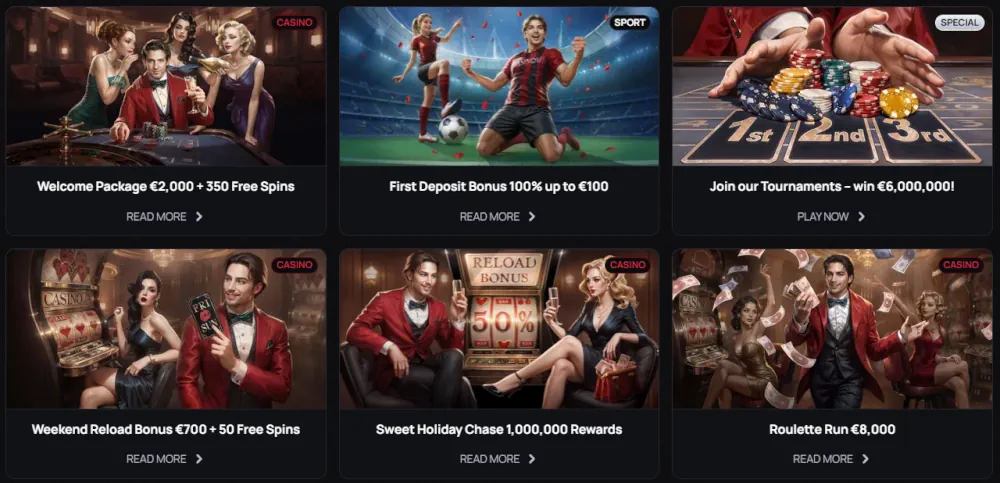 Casinova promotional dashboard showing various welcome bonuses and events.