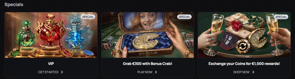 Casinova specials section with VIP program and reward coin exchange.